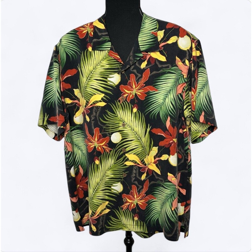 Tommy Bahama Hawaiian Silk Shirt Sz L Black Floral Palm Leaves Lanterns Deer